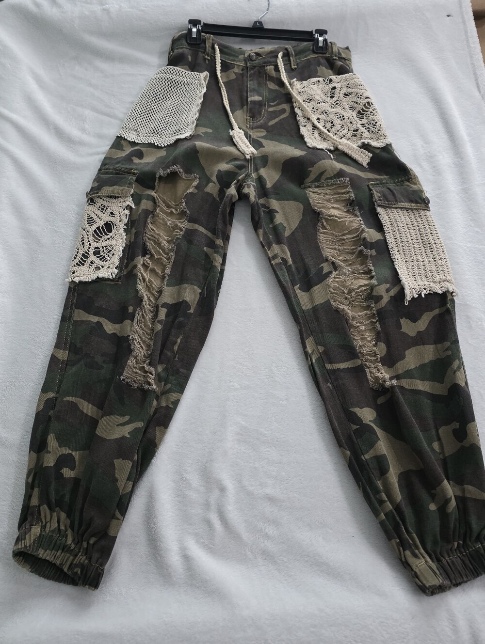 POL Camo Cargo Joggers with Cream Crochet Accents
